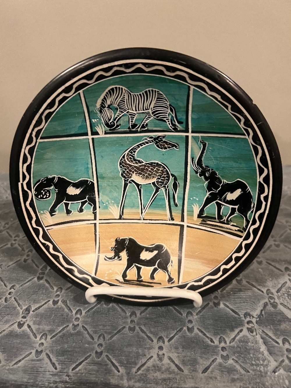 Handmade Animal Decorative African Inspired Carved Plate or Bowl-Teal with Black
